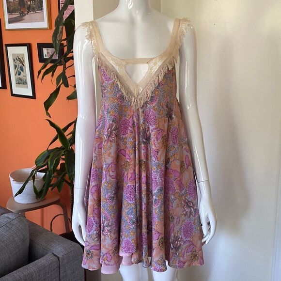 Lady Pink Floral Fringe Tent Summer Mini Dress Size Small - Picture 2 of 12